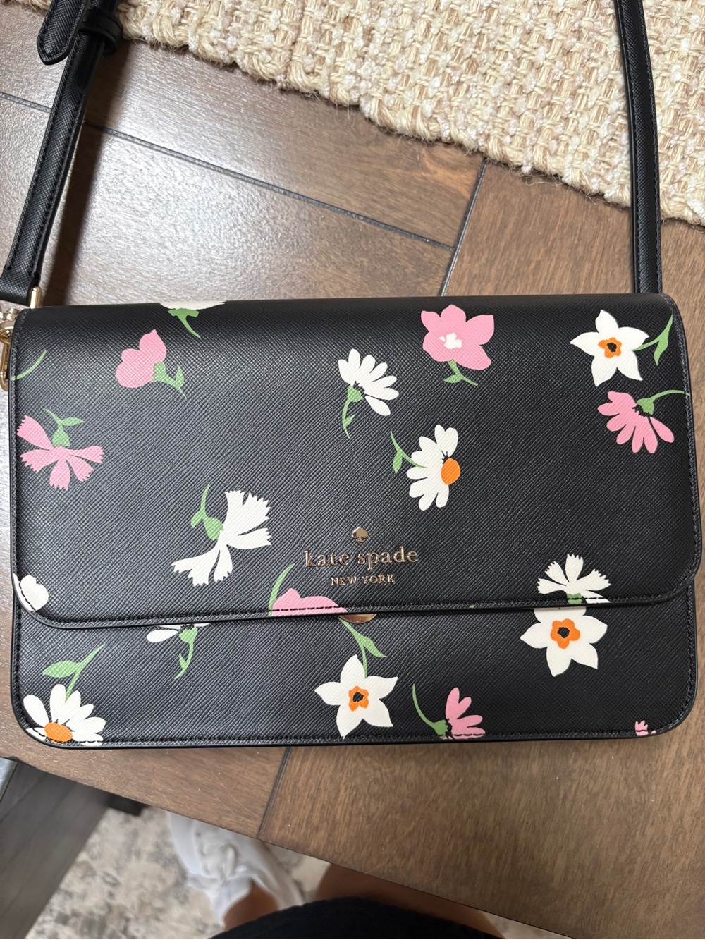 kate spade Black Floral Saffiano Crossbody with Pink and White Blooms